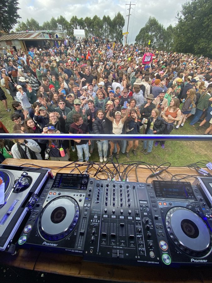 Crowd at NYE On The Hill Music Festival, viewed from the DJ booth